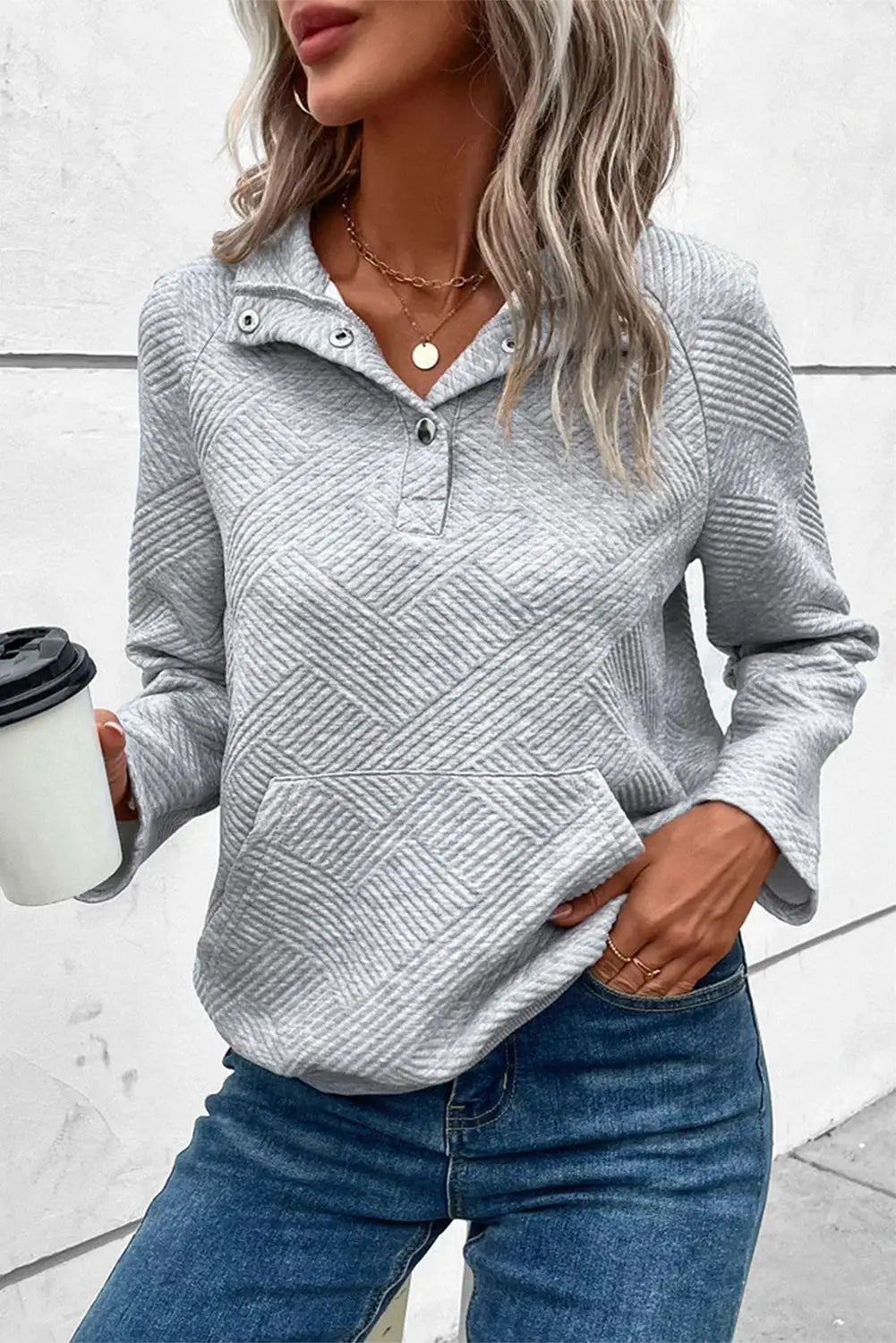 Light grey snap buttons plus size sweatshirt - l 97% polyester + 3% elastane