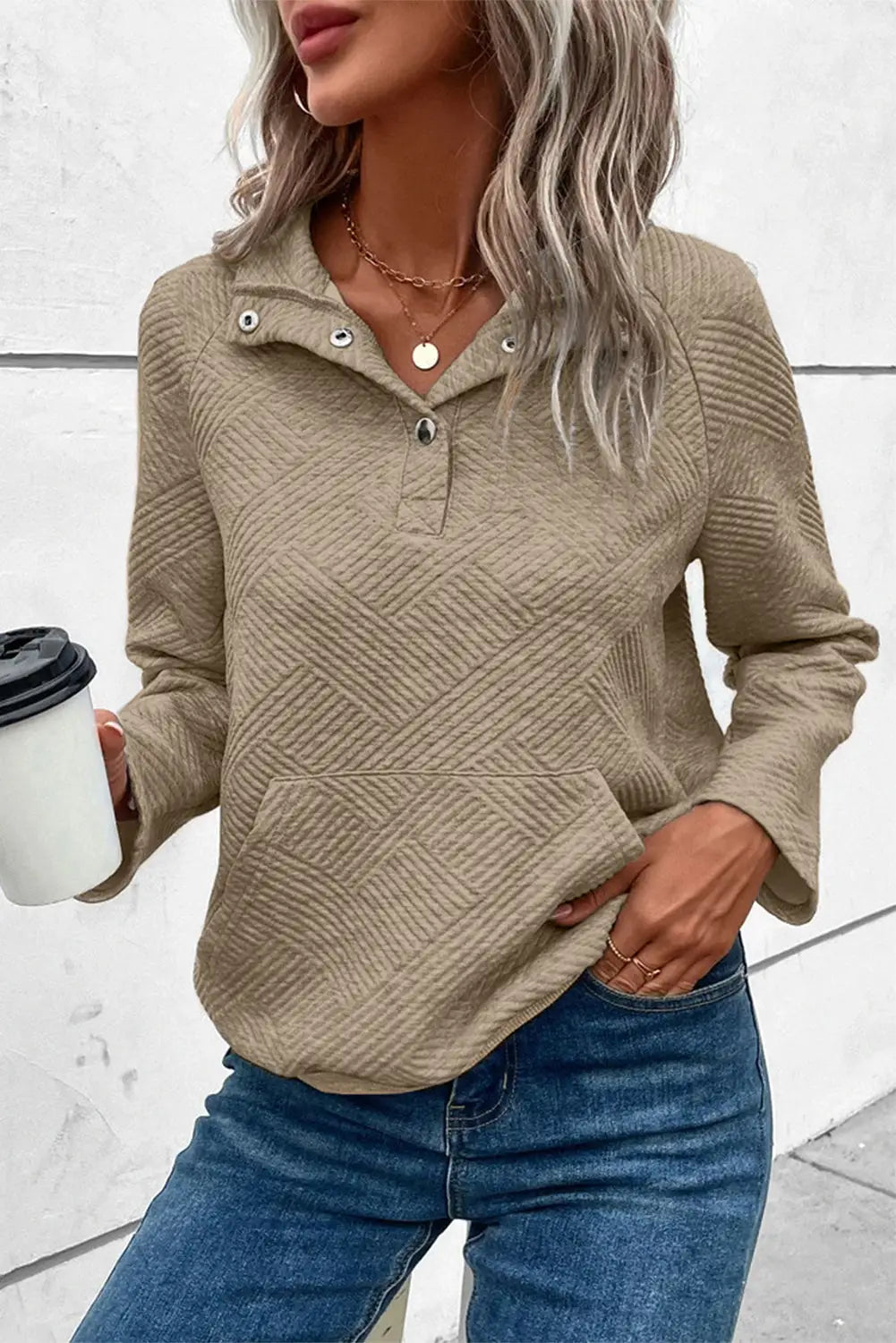 Light grey snap buttons plus size sweatshirt - pale khaki / l 97% polyester + 3% elastane