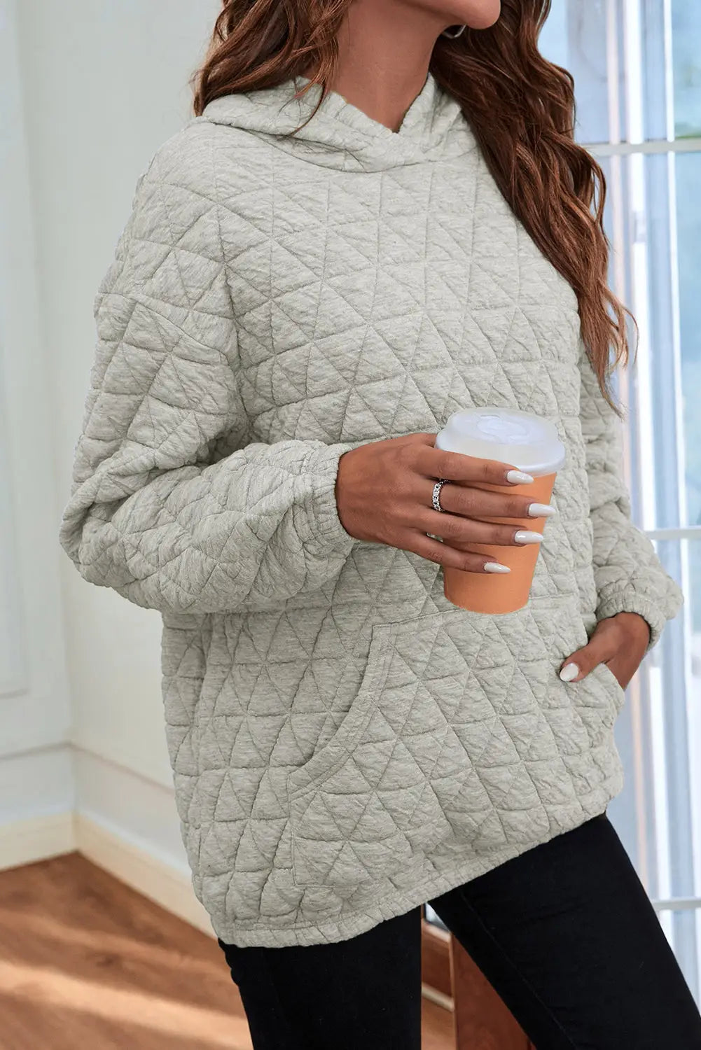 Light grey solid color quilted kangaroo pocket hoodie - s /