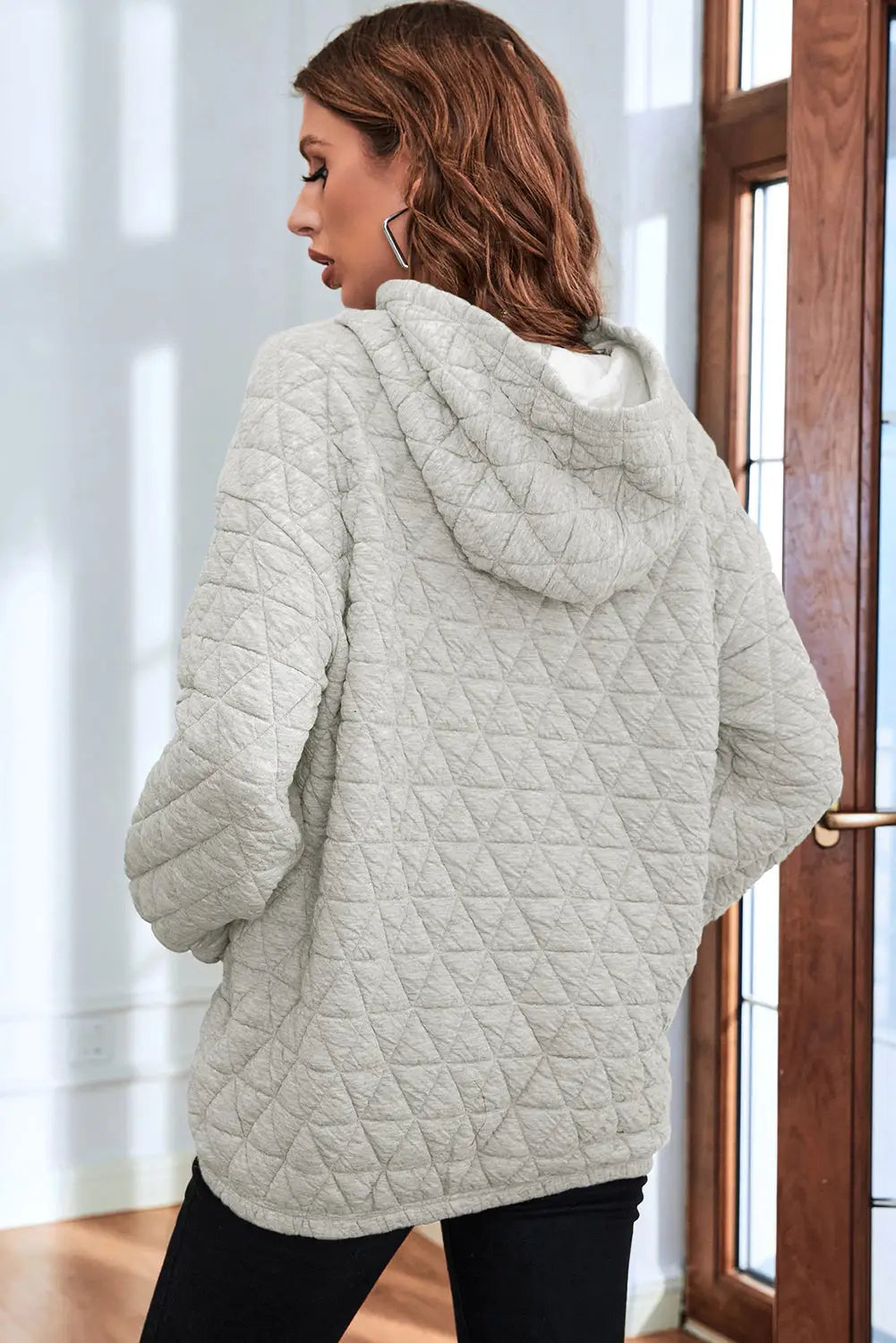 Light grey solid color quilted kangaroo pocket hoodie - tops