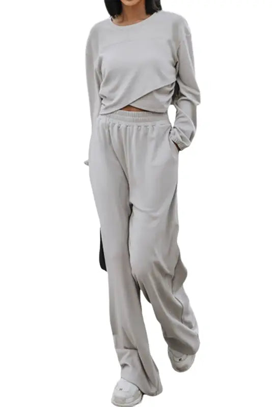 Light grey solid criss cross crop top and pants active set