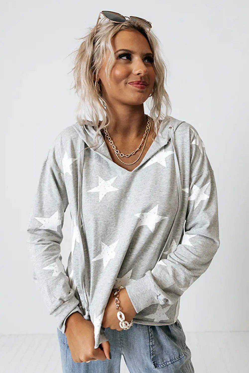 Light grey stars print v-neck drawstring hoodie - tops
