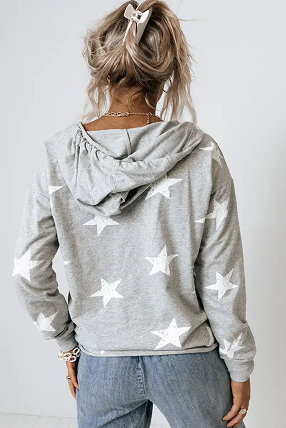 Light grey stars print v-neck drawstring hoodie - tops