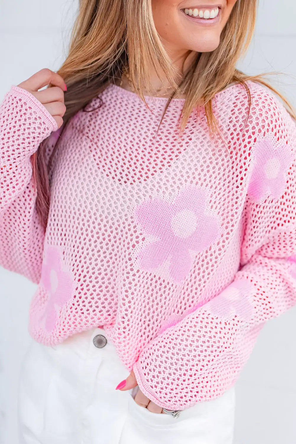 Light pink big flower summer knit sweater - s / 55% acrylic + 45% cotton - tops & tees