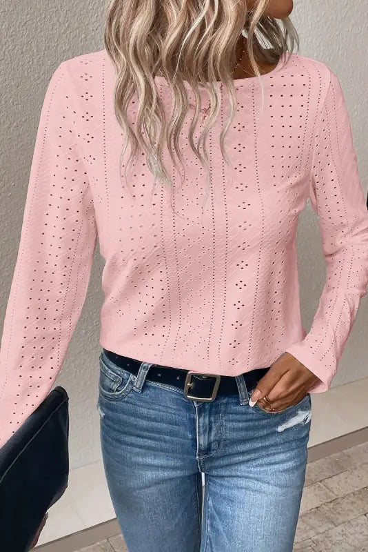 Light pink floral lace splicing eyelet long sleeve top - tops