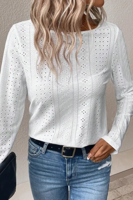 Light pink floral lace splicing eyelet long sleeve top - tops