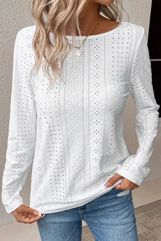 Light pink floral lace splicing eyelet long sleeve top - tops