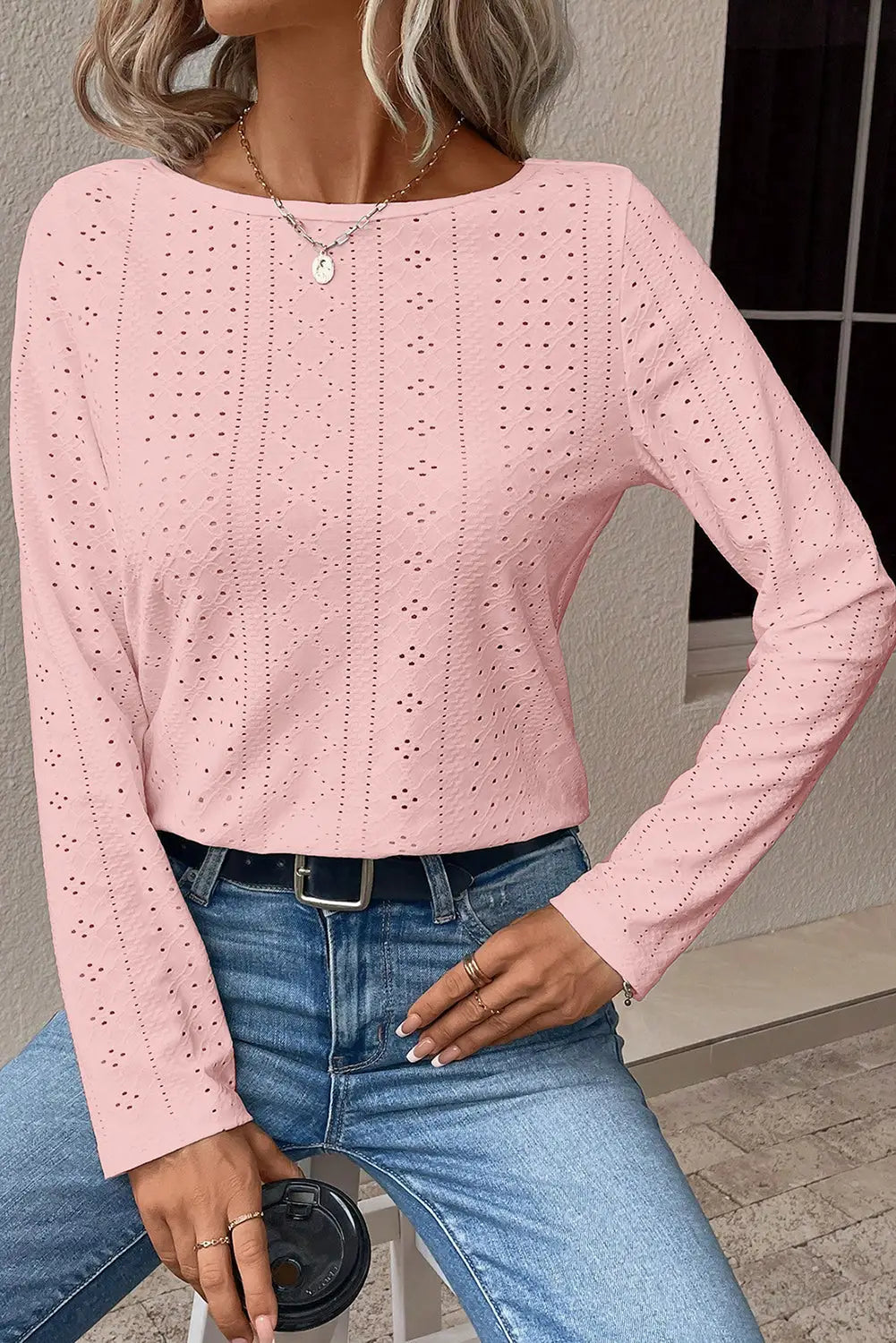 Light pink floral lace splicing eyelet long sleeve top - tops