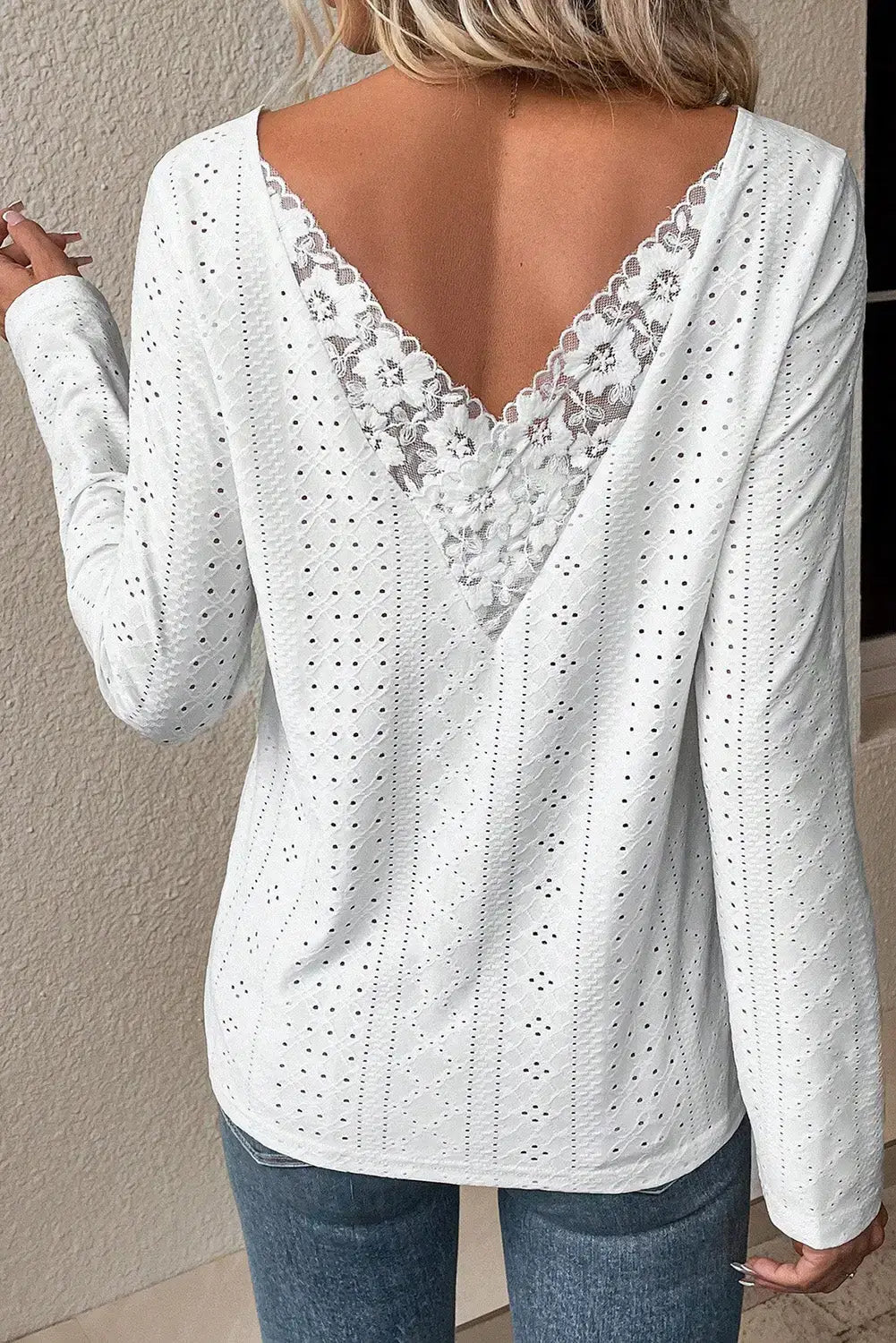 Light pink floral lace splicing eyelet long sleeve top -