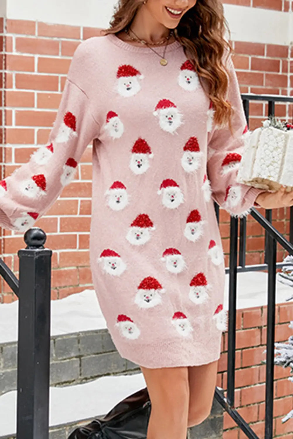 Light pink fuzzy christmas santa clause sweater dress -