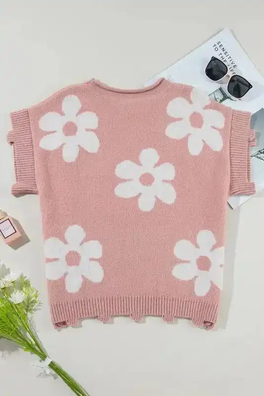 Light Pink Knit T-Shirt - Pearled Flower Distressed Edge - Fashionfitz