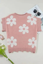 Light Pink Knit T-Shirt - Pearled Flower Distressed Edge - Fashionfitz