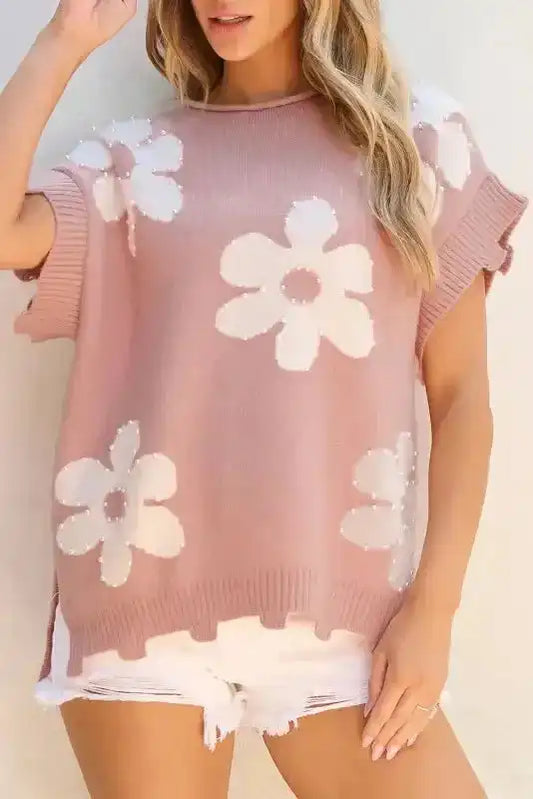 Light Pink Knit T-Shirt - Pearled Flower Distressed Edge - Fashionfitz