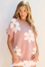 Light Pink Knit T-Shirt - Pearled Flower Distressed Edge - Fashionfitz