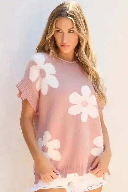 Light Pink Knit T-Shirt - Pearled Flower Distressed Edge - Fashionfitz