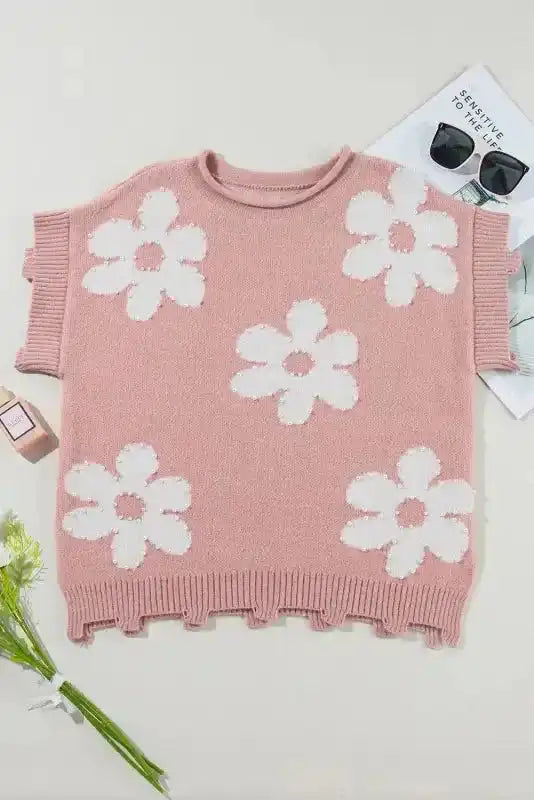 Light Pink Knit T-Shirt - Pearled Flower Distressed Edge - Fashionfitz