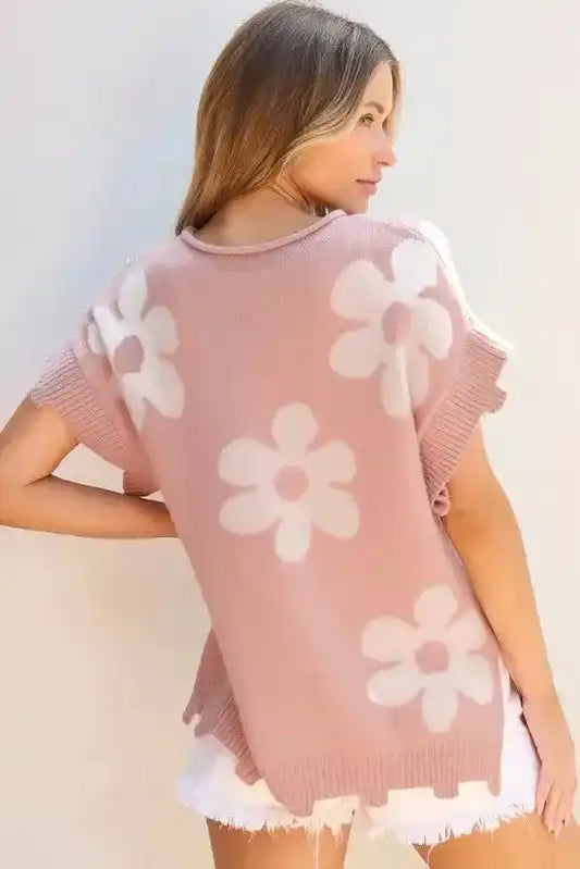 Light Pink Knit T-Shirt - Pearled Flower Distressed Edge - Fashionfitz