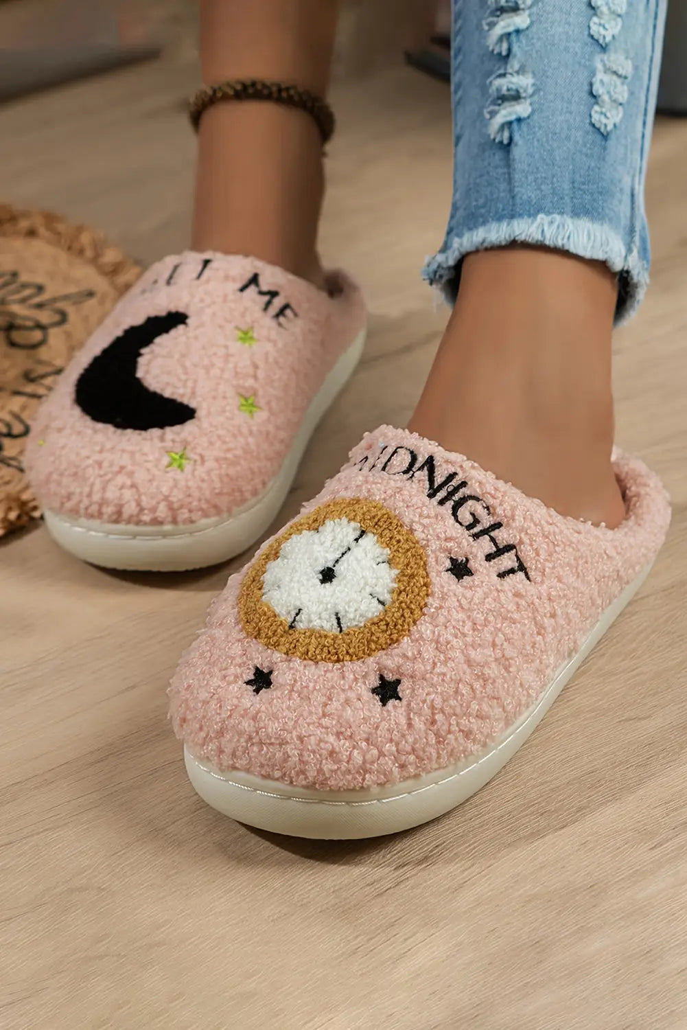Light pink moon & clock pattern fuzzy home slippers - 37 100% polyester + 100% tpr