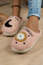 Light Pink Moon & Clock Pattern Fuzzy Home Slippers - Fashionfitz