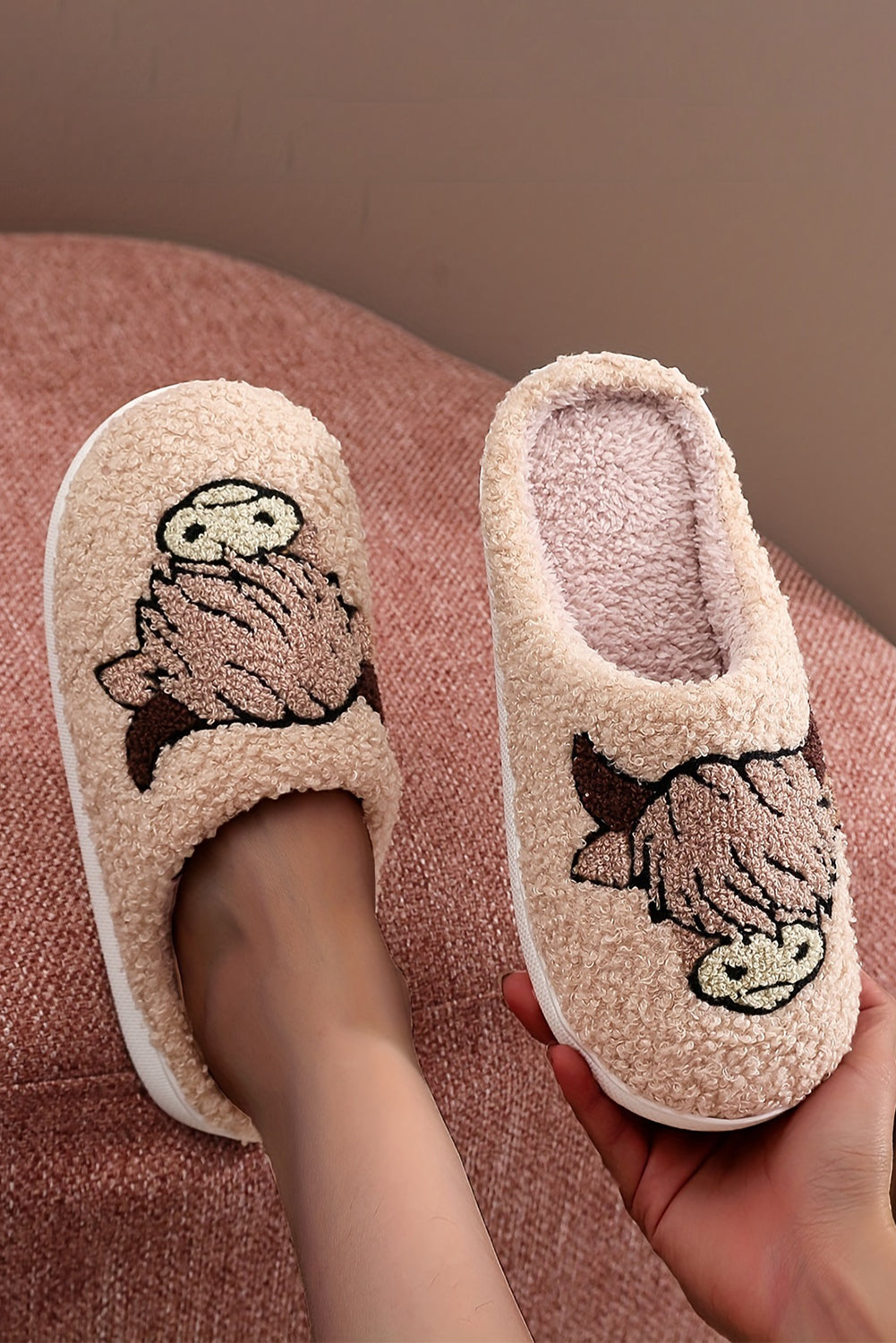 Light pink moon & clock pattern fuzzy home slippers - parchment / 37 / 100% polyester + 100% tpr