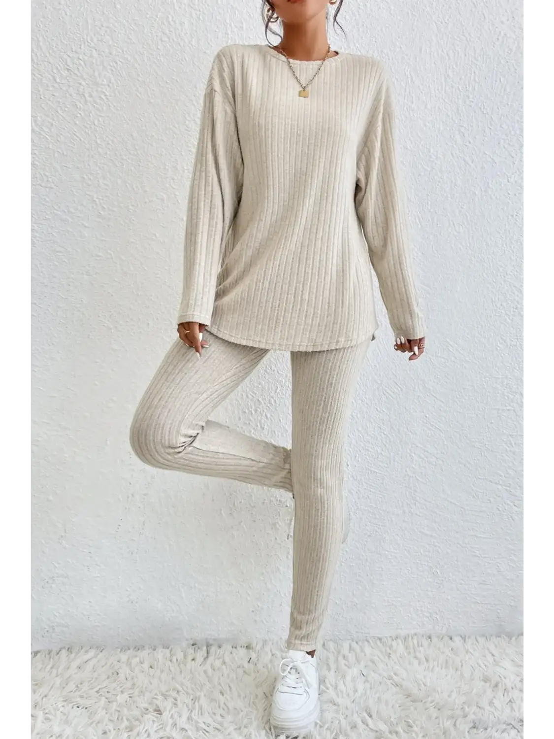 Light pink ribbed knit v neck slouchy two-piece outfit - pants sets