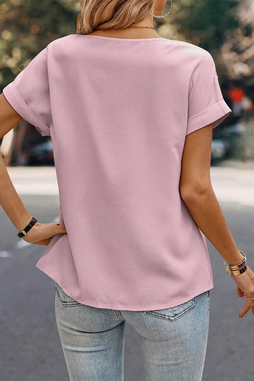 Light pink solid pleated patched crew neck t shirt - tops