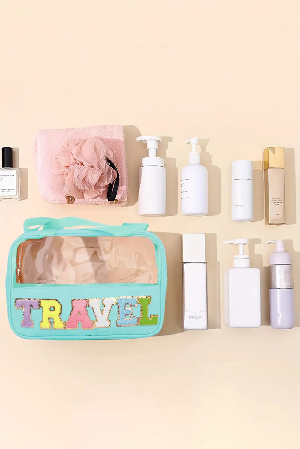 Light pink travel chenille letter clear pvc makeup bag -