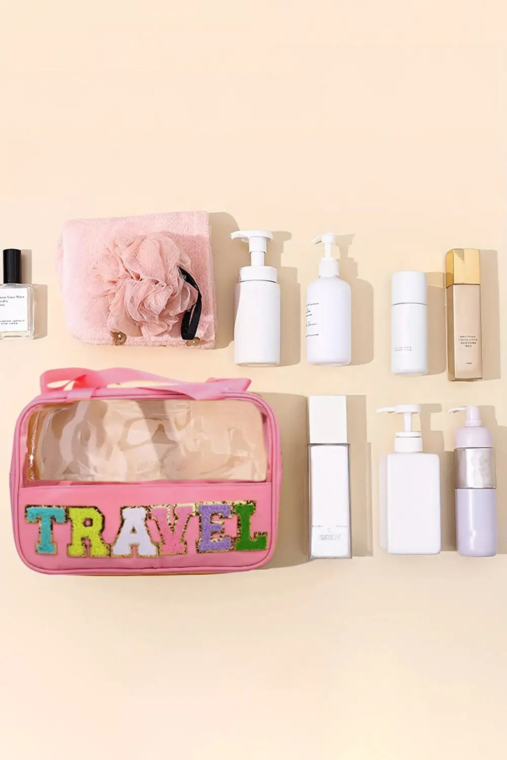 Light pink travel chenille letter clear pvc makeup bag -