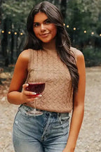 Light Tank Top - French Beige Solid Color Cable Knit High Neck - Fashionfitz