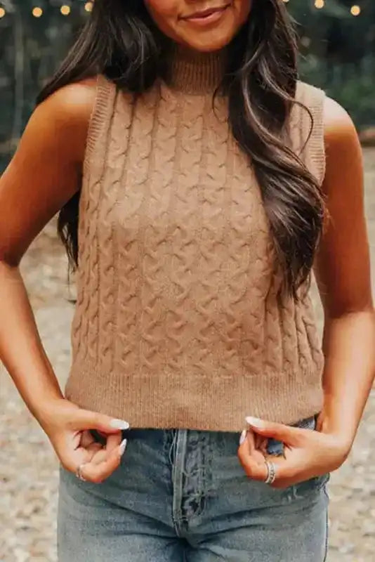 Light Tank Top - French Beige Solid Color Cable Knit High Neck - Fashionfitz