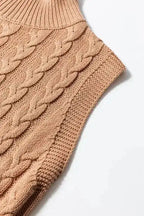 Light Tank Top - French Beige Solid Color Cable Knit High Neck - Fashionfitz