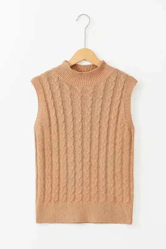 Light Tank Top - French Beige Solid Color Cable Knit High Neck - Fashionfitz