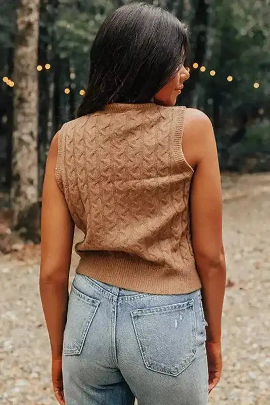Light Tank Top - French Beige Solid Color Cable Knit High Neck - Fashionfitz