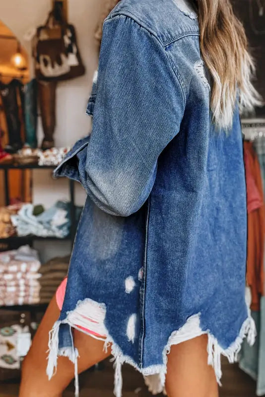 Shop light wash frayed denim duster | trendy layering essential