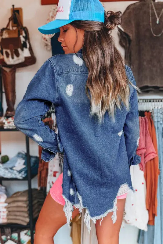 Shop light wash frayed denim duster | trendy layering essential