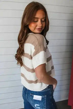 Lightweight Knit Top - Khaki Stripe Dropped Short Sleeve - Fashionfitz
