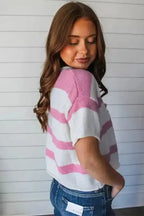 Lightweight Knit Top - Khaki Stripe Dropped Short Sleeve - Fashionfitz