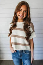 Lightweight Knit Top - Khaki Stripe Dropped Short Sleeve - Fashionfitz