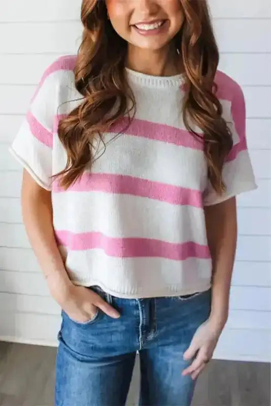 Lightweight Knit Top - Khaki Stripe Dropped Short Sleeve - Fashionfitz