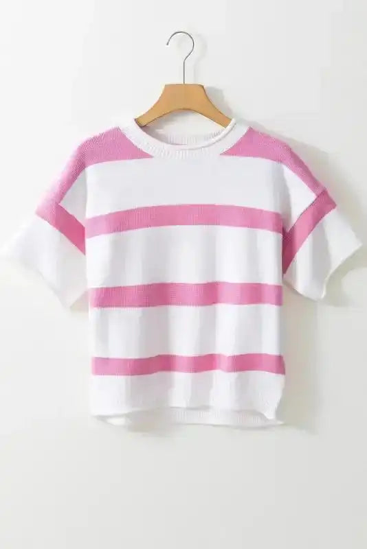 Lightweight Knit Top - Khaki Stripe Dropped Short Sleeve - Fashionfitz