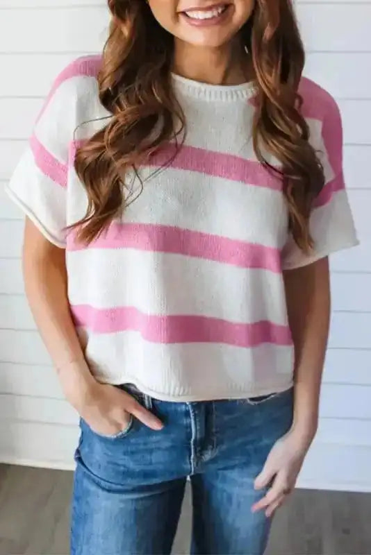 Lightweight Knit Top - Khaki Stripe Dropped Short Sleeve - Fashionfitz