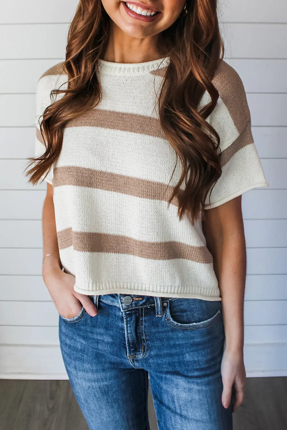 Lightweight knit top - khaki stripe dropped short sleeve - s / 50% viscose + 28% polyester + 22% polyamide - sweaters