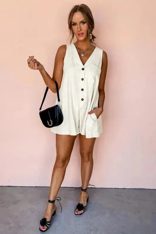 Linen Romper - Beige Sleeveless V Neck Buttoned - Fashionfitz