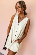 Linen Romper - Beige Sleeveless V Neck Buttoned - Fashionfitz