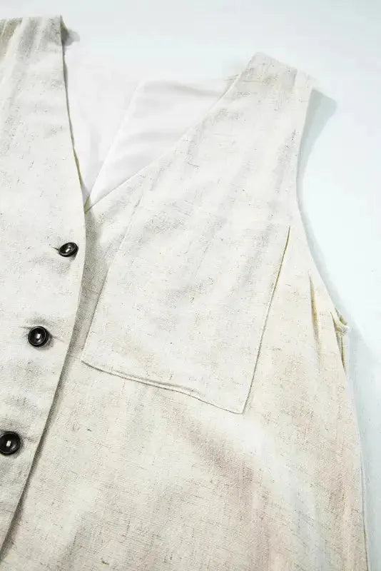 Linen Romper - Beige Sleeveless V Neck Buttoned - Fashionfitz