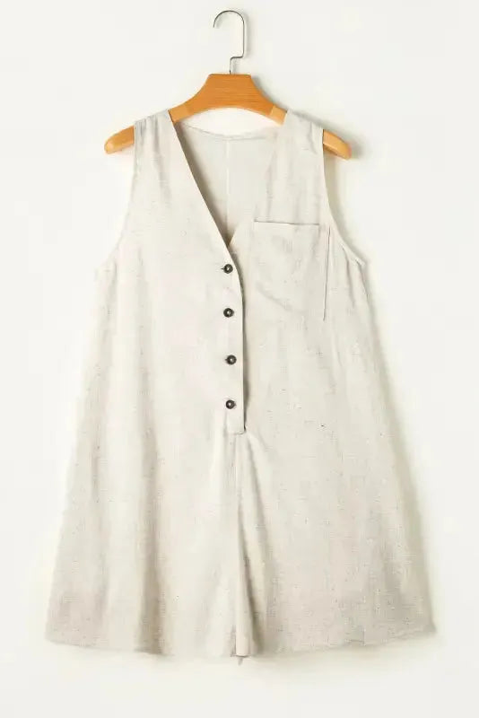 Linen Romper - Beige Sleeveless V Neck Buttoned - Fashionfitz