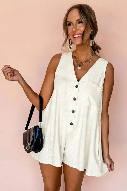 Linen Romper - Beige Sleeveless V Neck Buttoned - Fashionfitz