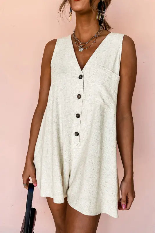 Linen romper - beige sleeveless v neck buttoned - s / 92% viscose + 8% linen - rompers