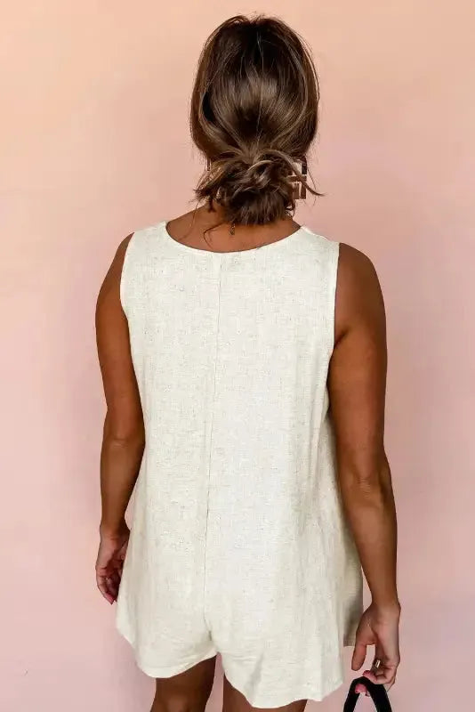 Linen Romper - Beige Sleeveless V Neck Buttoned - Fashionfitz