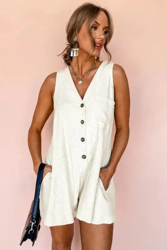 Linen Romper - Beige Sleeveless V Neck Buttoned - Fashionfitz